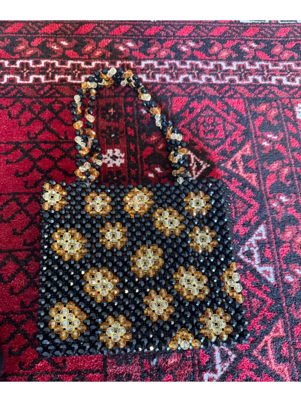 Susan Alexandra Black Beaded Shoulder Bag Floral